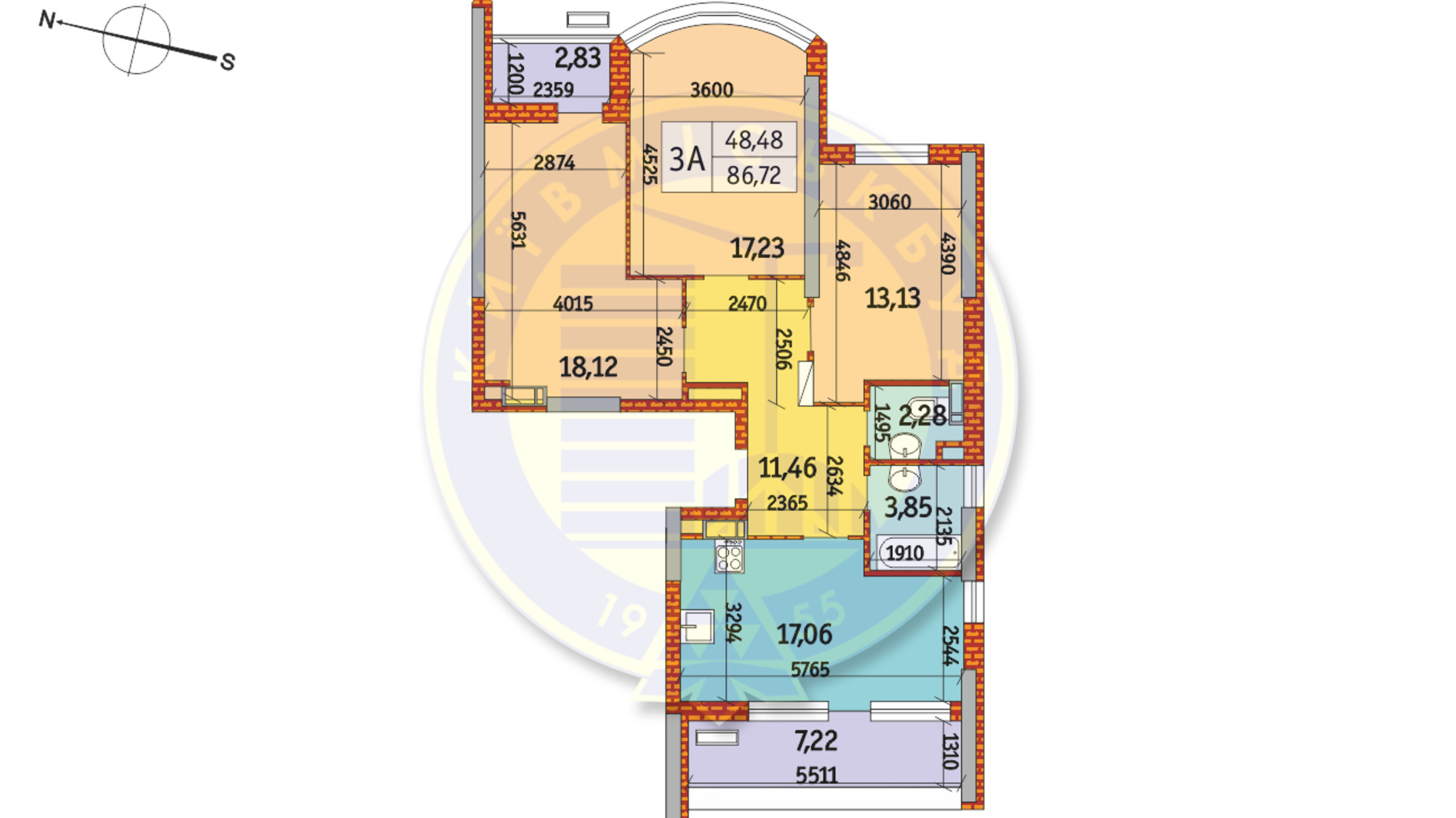 Планировка 3-комнатной квартиры в ЖК Курнатовского 86.72 м², фото 233454