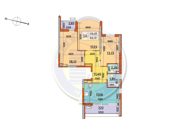 ЖК Курнатовського: планування 3-кімнатної квартири 86.72 м²