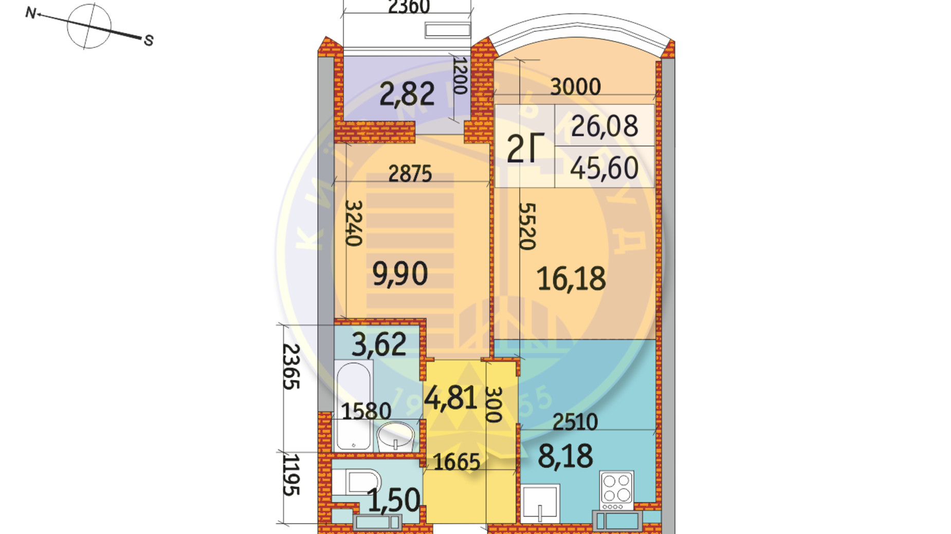 Планировка 2-комнатной квартиры в ЖК Курнатовского 45.6 м², фото 233462