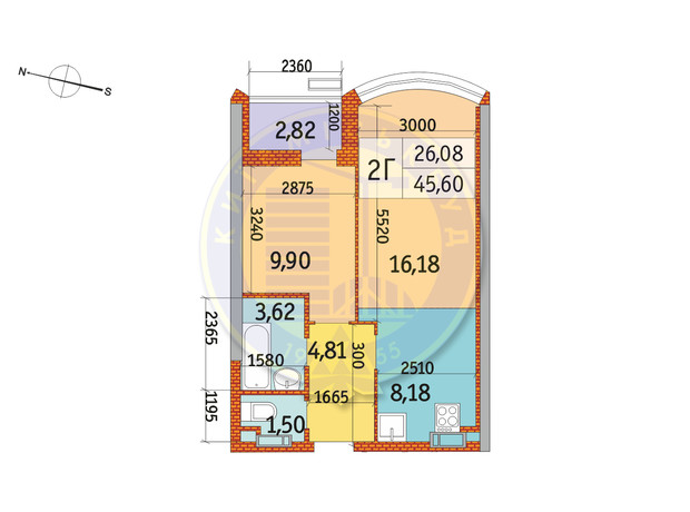 ЖК Курнатовского: планировка 2-комнатной квартиры 45.6 м²