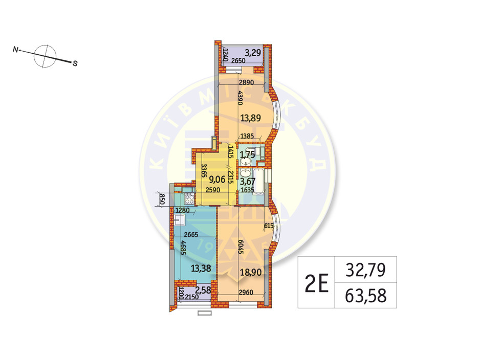 Планування 2-кімнатної квартири в ЖК Курнатовського 63.58 м², фото 233464 Планування 2-кімнатної квартири в ЖК Курнатовського 63.58 м², фото 233464