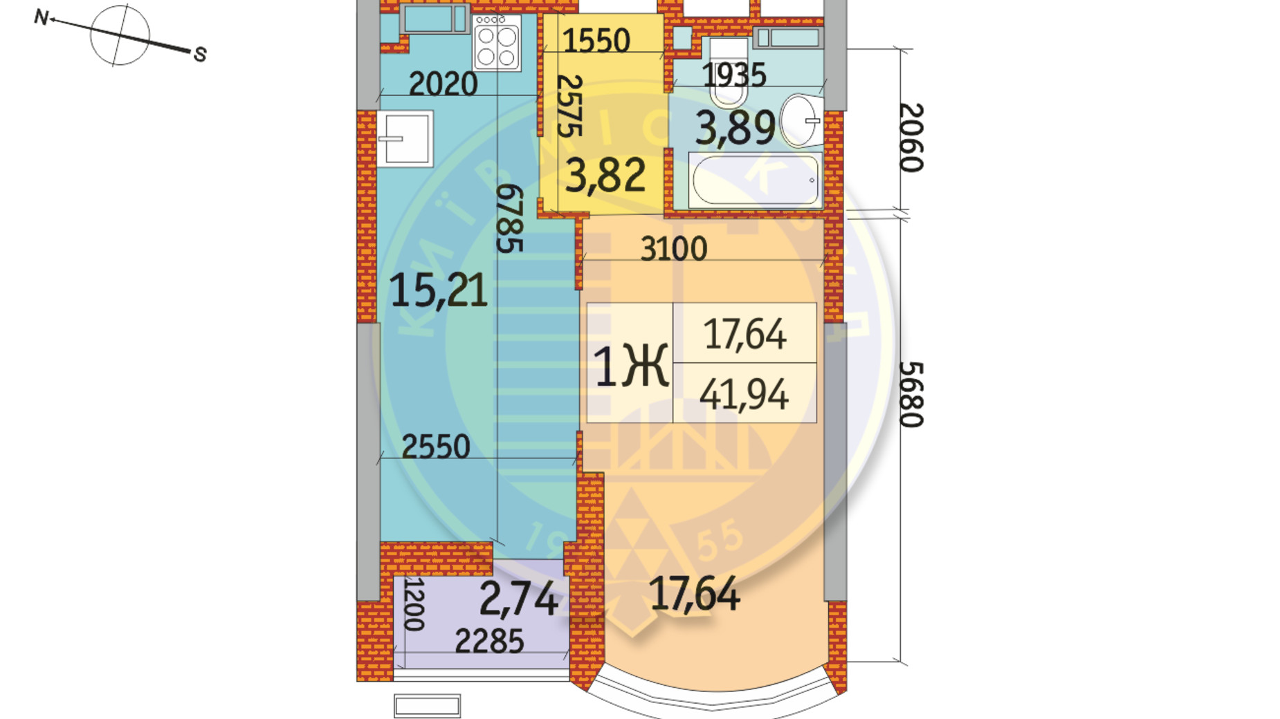 Планування 1-кімнатної квартири в ЖК Курнатовського 41.94 м², фото 233465