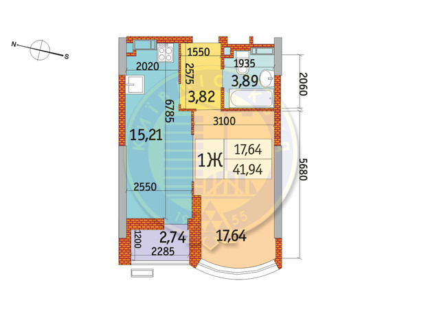 ЖК Курнатовського: планування 1-кімнатної квартири 41.94 м²