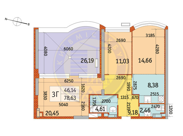 ЖК Курнатовского: планировка 3-комнатной квартиры 78.63 м²