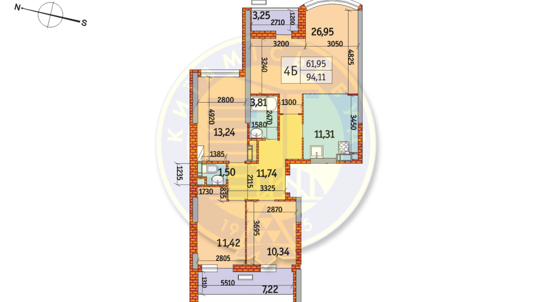 Планування 4-кімнатної квартири в ЖК Курнатовського 94.11 м², фото 233469