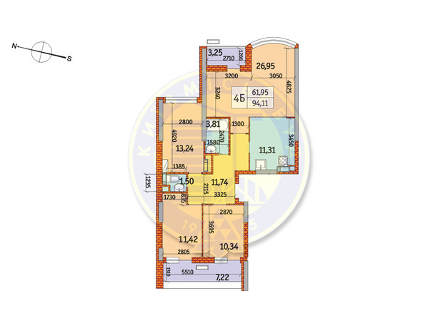 ЖК Курнатовского: планировка 4-комнатной квартиры 94.11 м²