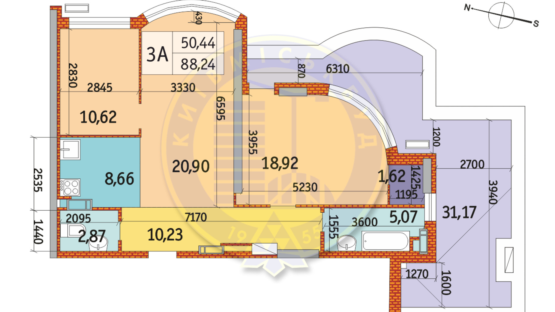 Планування 3-кімнатної квартири в ЖК Курнатовського 88.24 м², фото 233473