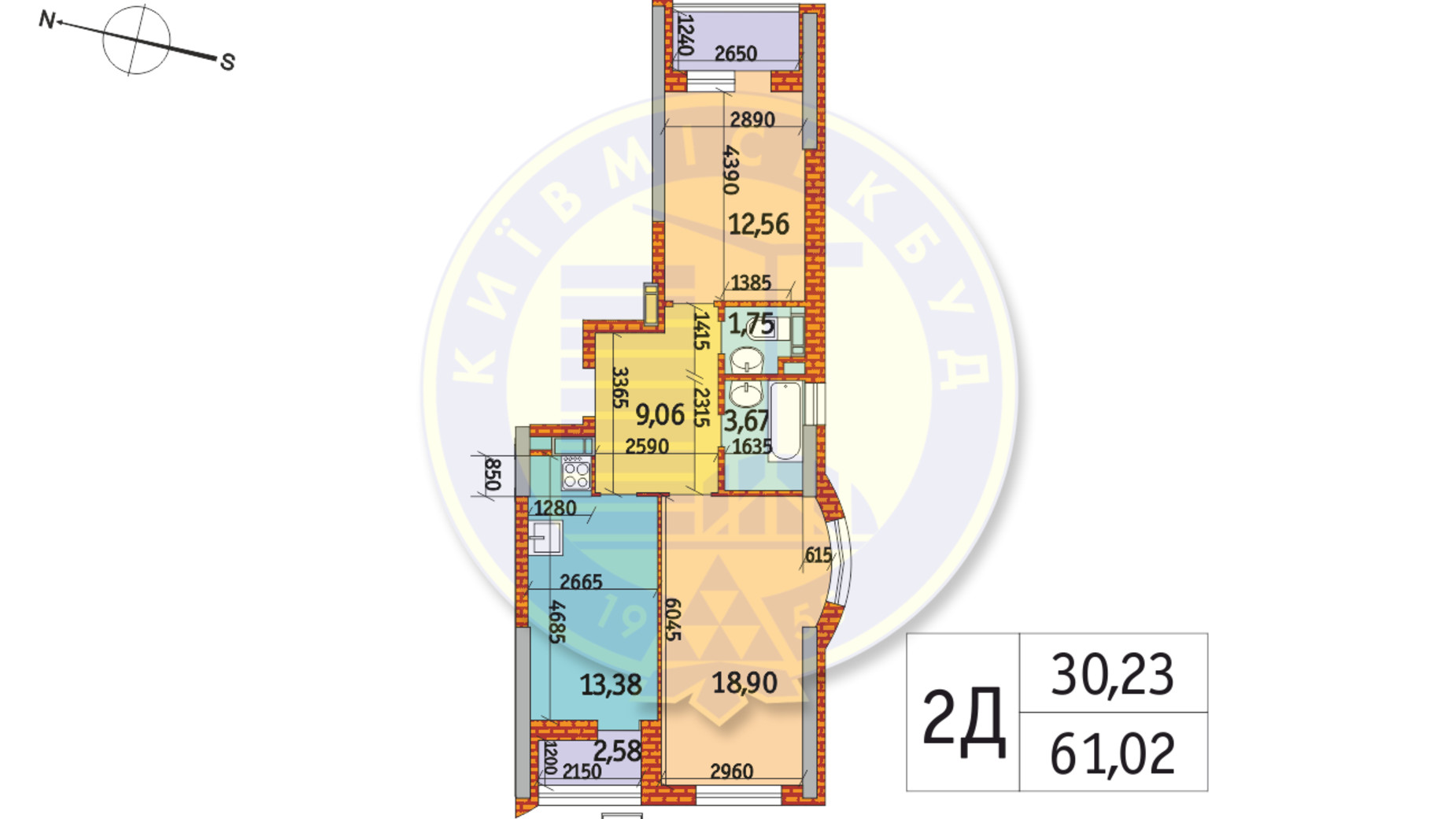 Планування 2-кімнатної квартири в ЖК Курнатовського 62.25 м², фото 233475