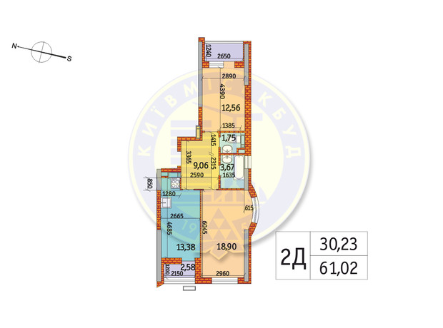 ЖК Курнатовского: планировка 2-комнатной квартиры 62.25 м²