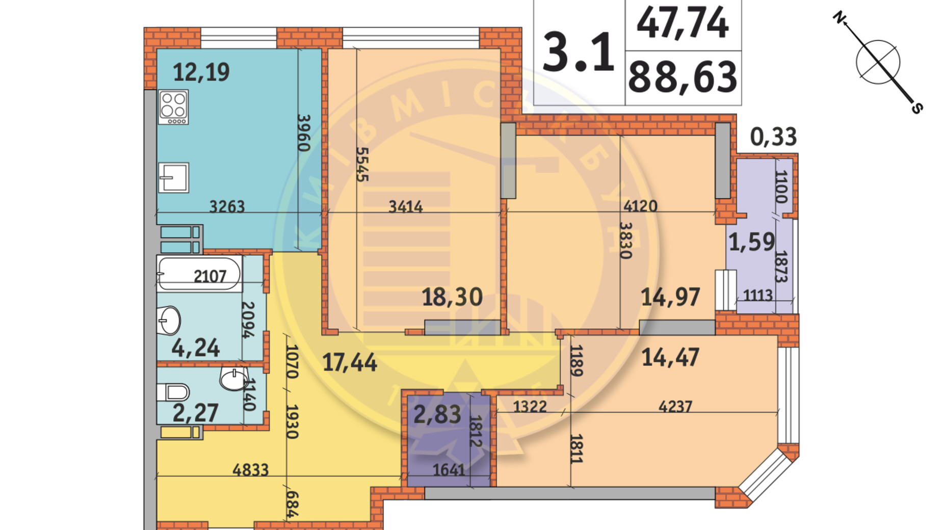 Планування 3-кімнатної квартири в ЖК Гвардійський 88.63 м², фото 233513