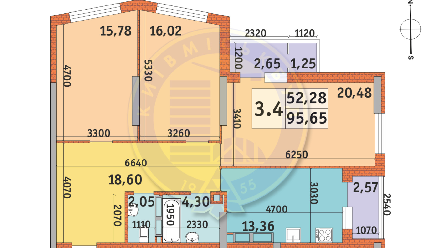 Планировка 3-комнатной квартиры в ЖК Lake House 95.65 м², фото 233526