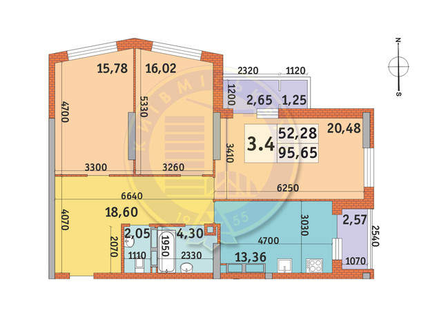 ЖК Lake House: планування 3-кімнатної квартири 95.65 м²