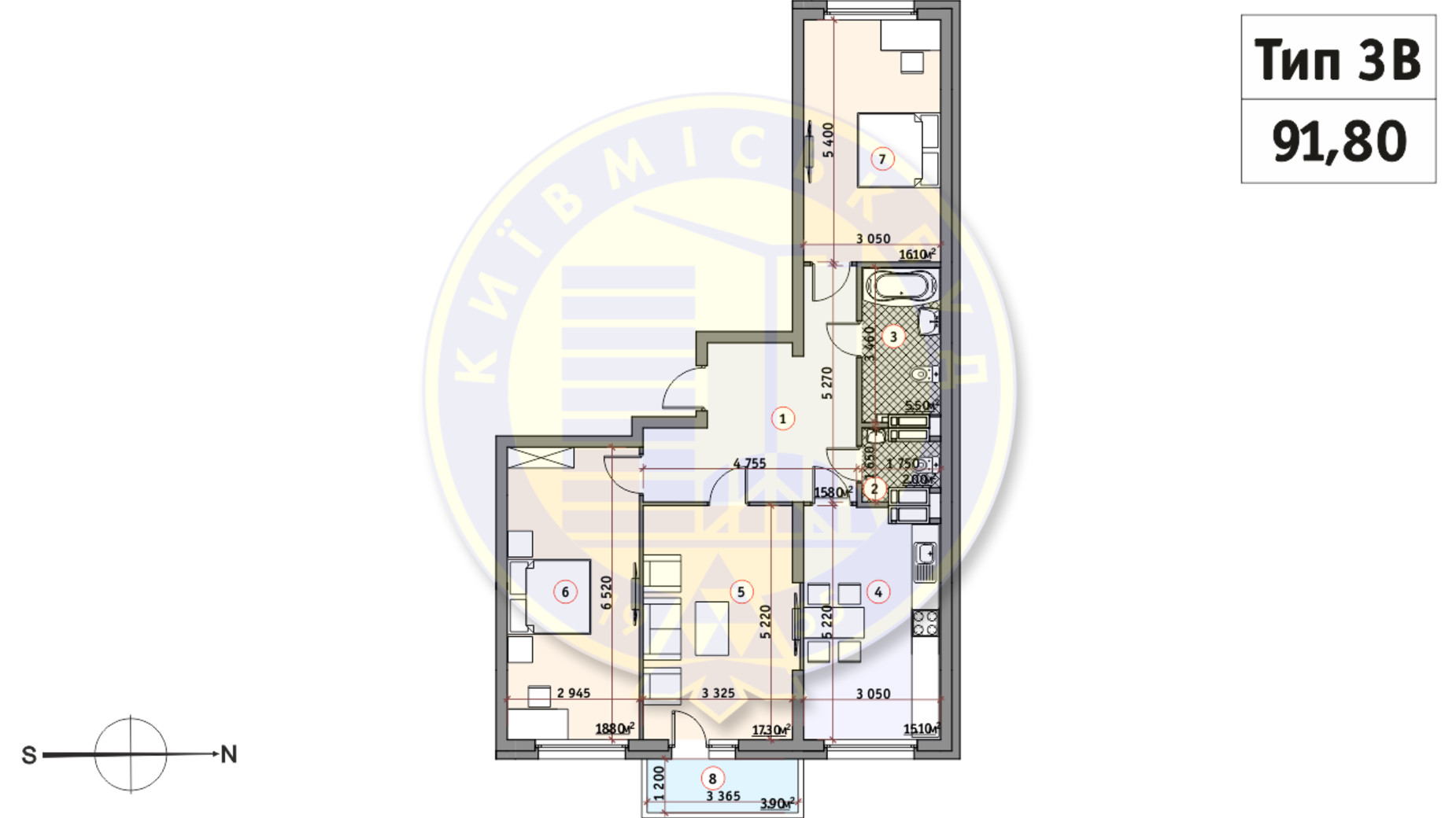 Планировка 3-комнатной квартиры в ЖК Кирилловский Гай 91.8 м², фото 233530