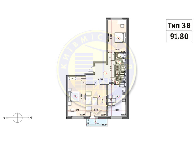 ЖК Кирилівський Гай: планування 3-кімнатної квартири 91.8 м²