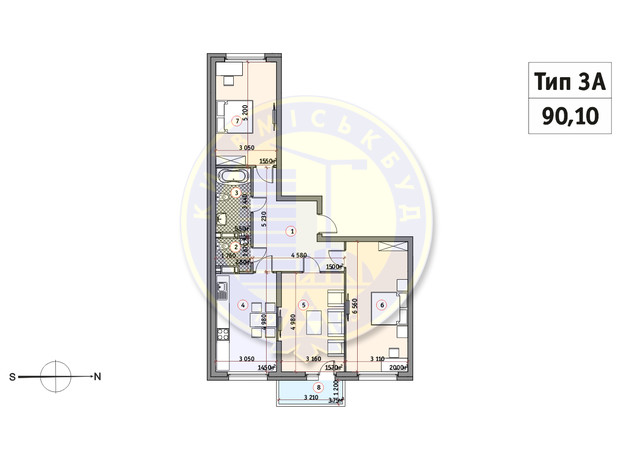 ЖК Кирилівський Гай: планування 3-кімнатної квартири 90.1 м²
