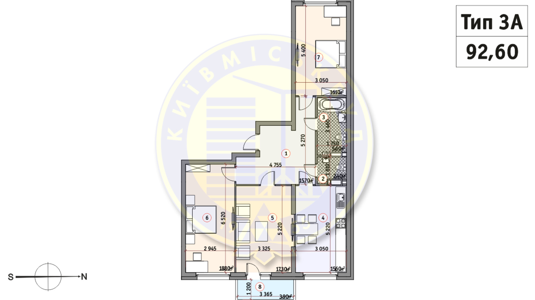 Планування 3-кімнатної квартири в ЖК Кирилівський Гай 92.6 м², фото 233538