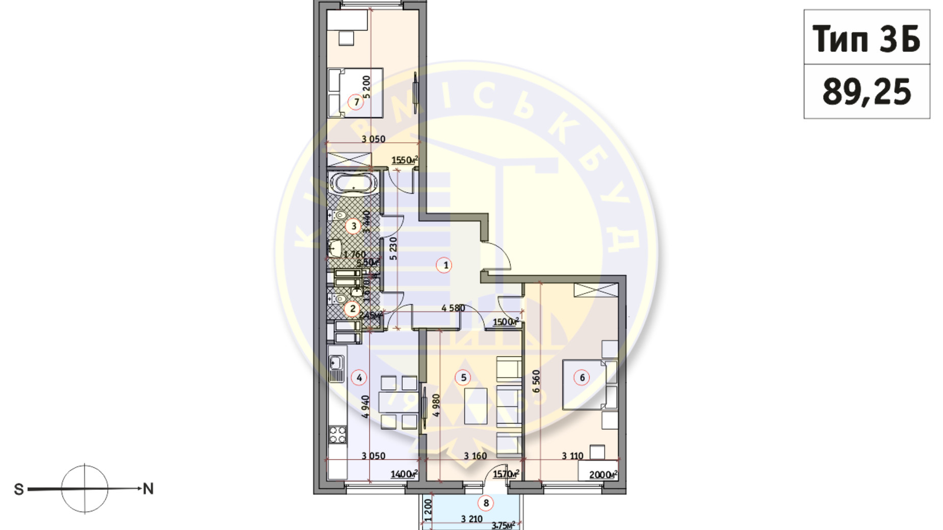 Планировка 3-комнатной квартиры в ЖК Кирилловский Гай 89.25 м², фото 233545