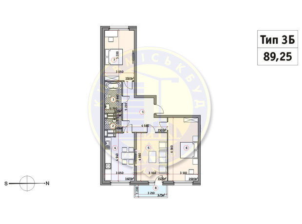 ЖК Кирилловский Гай: планировка 3-комнатной квартиры 89.25 м²