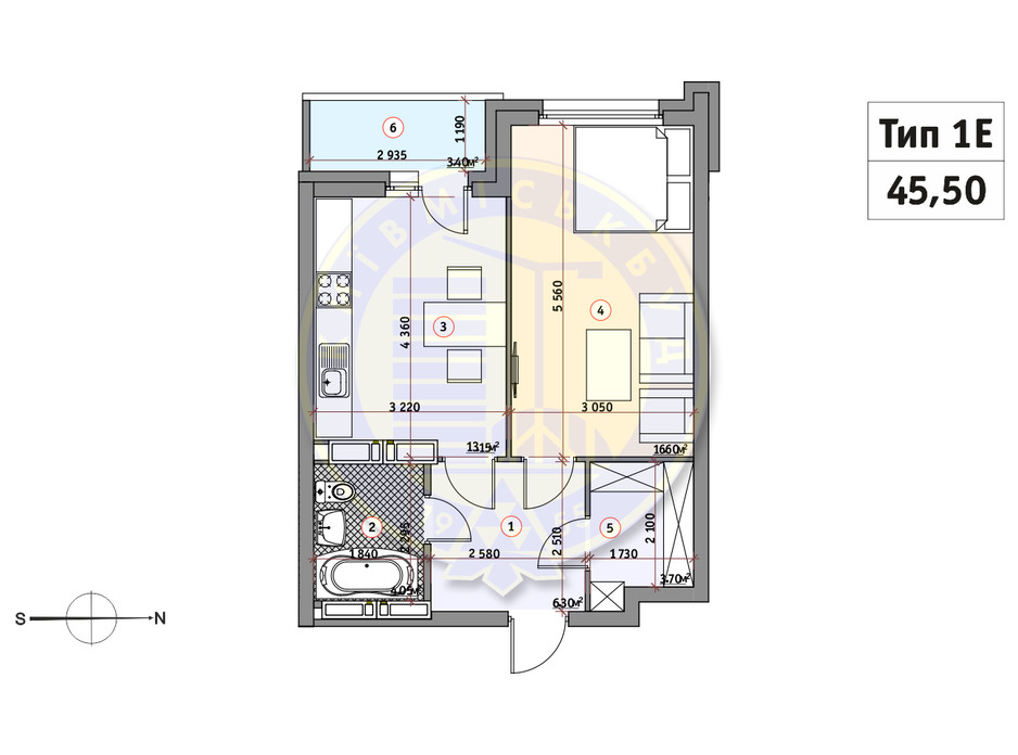 Планування 1-кімнатної квартири в ЖК Кирилівський Гай 45.5 м², фото 233550 Планування 1-кімнатної квартири в ЖК Кирилівський Гай 45.5 м², фото 233550