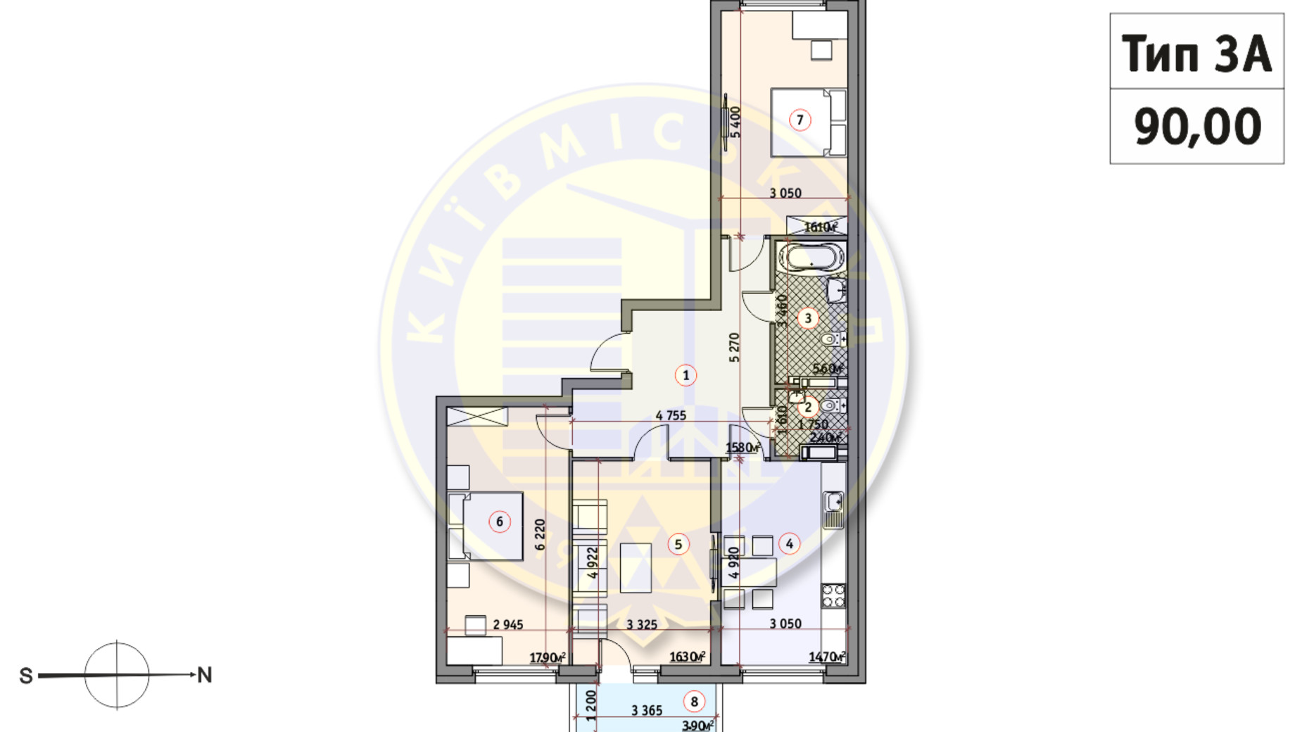 Планировка 3-комнатной квартиры в ЖК Кирилловский Гай 90 м², фото 233552