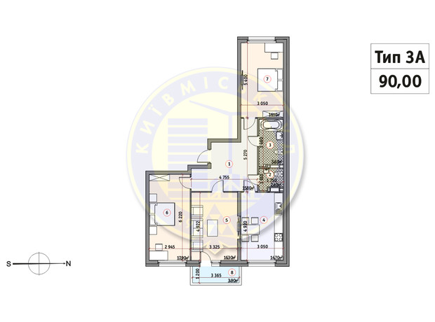 ЖК Кирилловский Гай: планировка 3-комнатной квартиры 90 м²