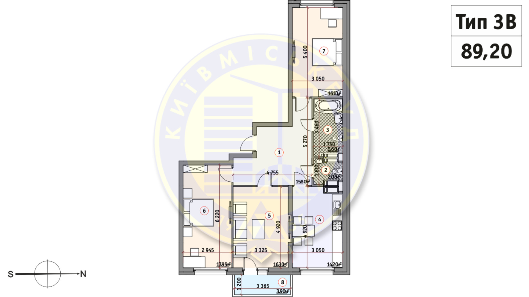 Планування 3-кімнатної квартири в ЖК Кирилівський Гай 89.2 м², фото 233555