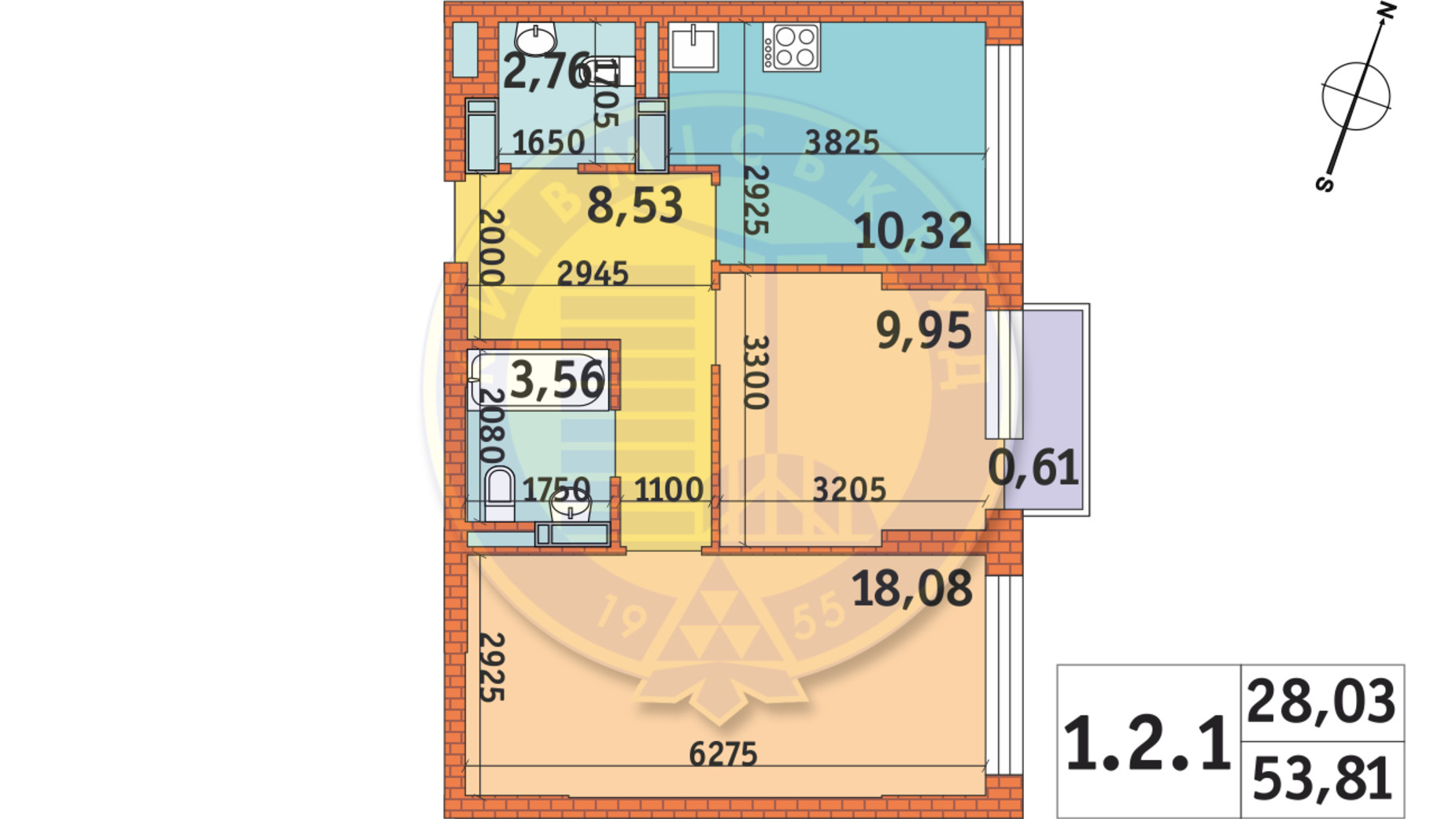 Планування 2-кімнатної квартири в ЖК Twin House 53.81 м², фото 233564