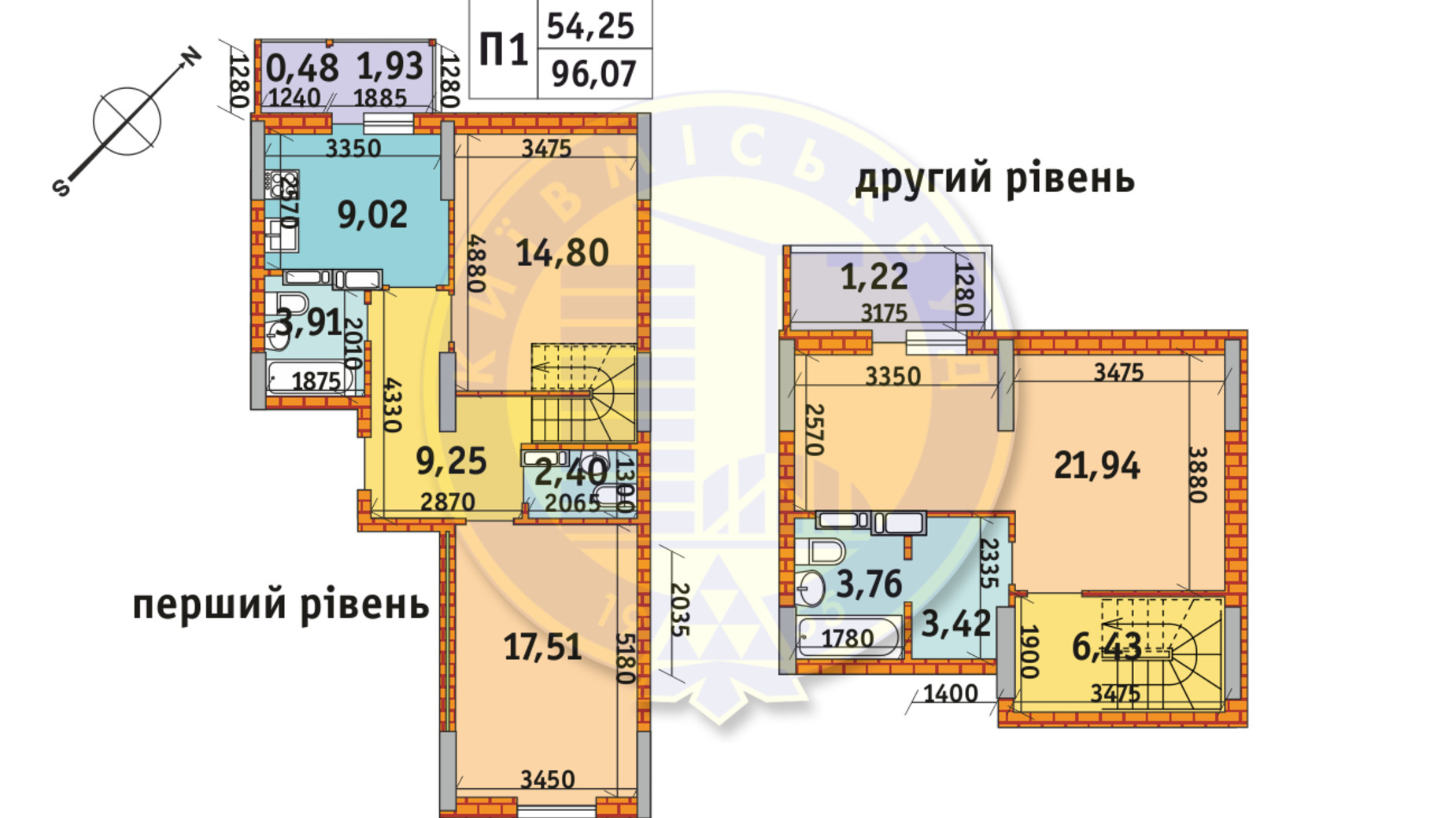 Планування багато­рівневої квартири в ЖК Оберіг-2 96.07 м², фото 233576