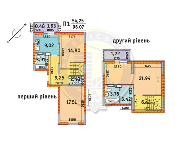 ЖК Обериг-2: планировка 3-комнатной квартиры 96.07 м²