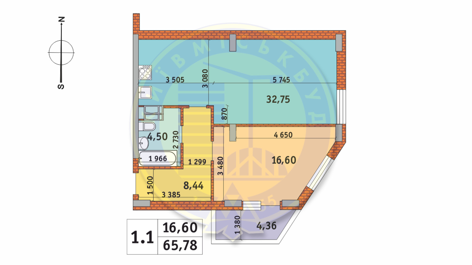 Планировка 1-комнатной квартиры в ЖК Чаривне Мисто 65.78 м², фото 233605