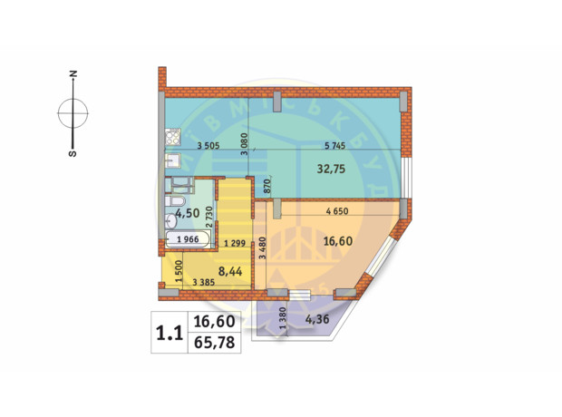 ЖК Чаривне Мисто: планировка 1-комнатной квартиры 65.78 м²