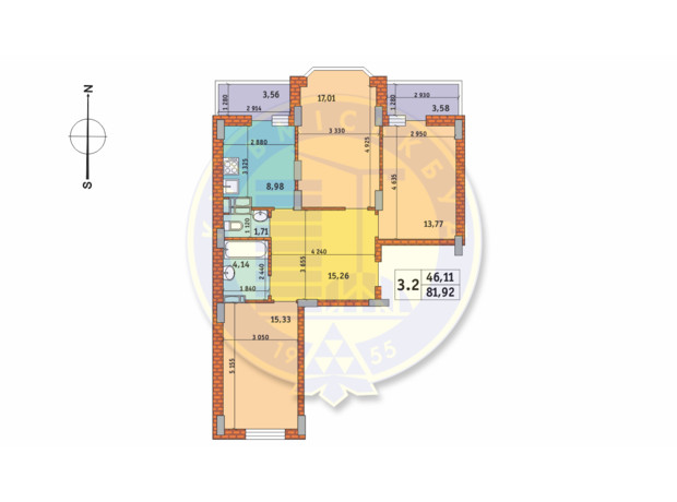 ЖК Чаривне Мисто: планировка 3-комнатной квартиры 81.92 м²