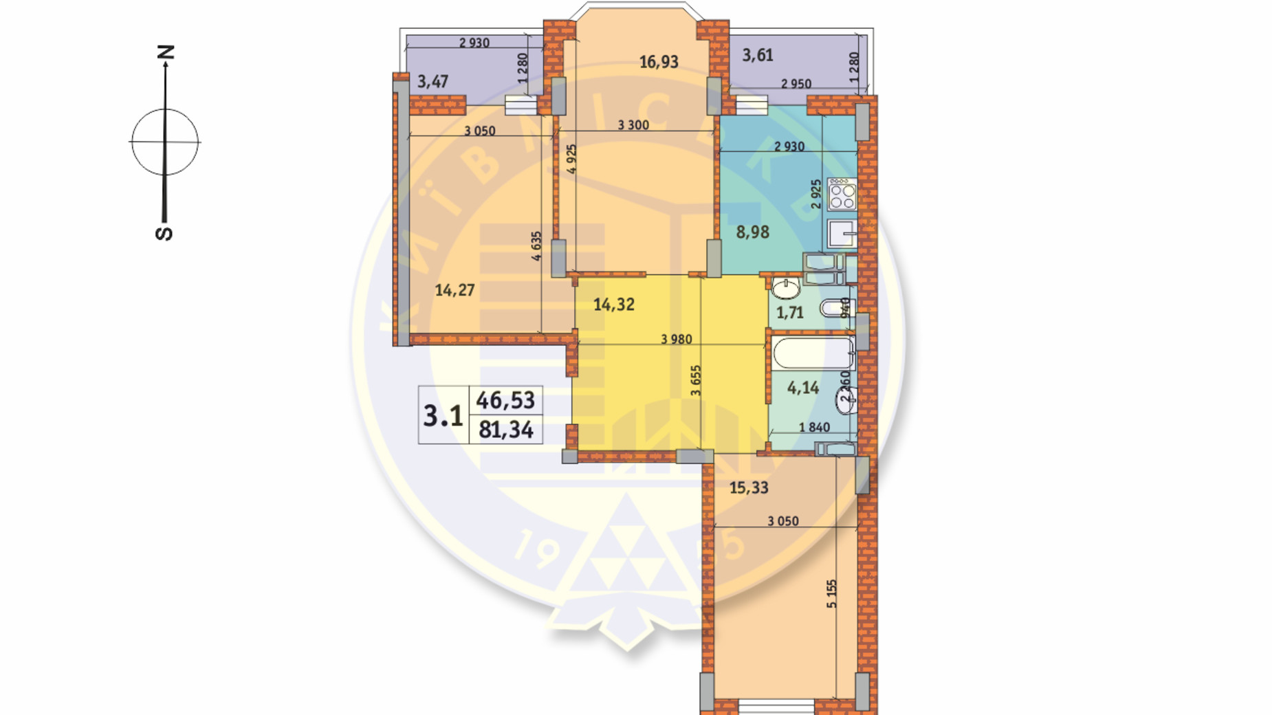 Планировка 3-комнатной квартиры в ЖК Чаривне Мисто 81.34 м², фото 233615