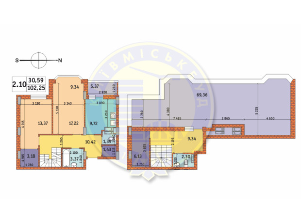 ЖК Чаривне Мисто: планировка 2-комнатной квартиры 102.25 м²