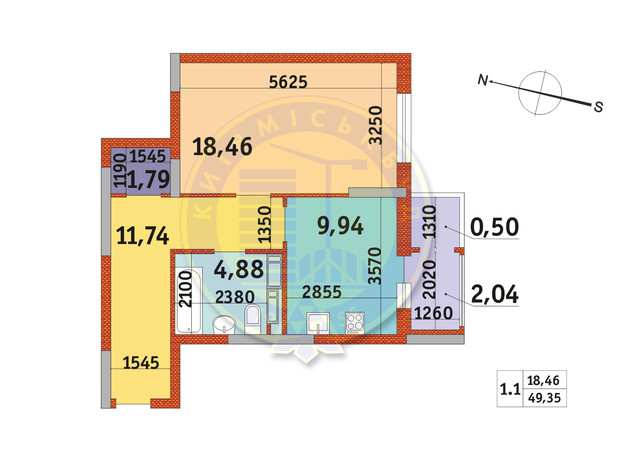 ЖК Злагода: планировка 1-комнатной квартиры 49.35 м²