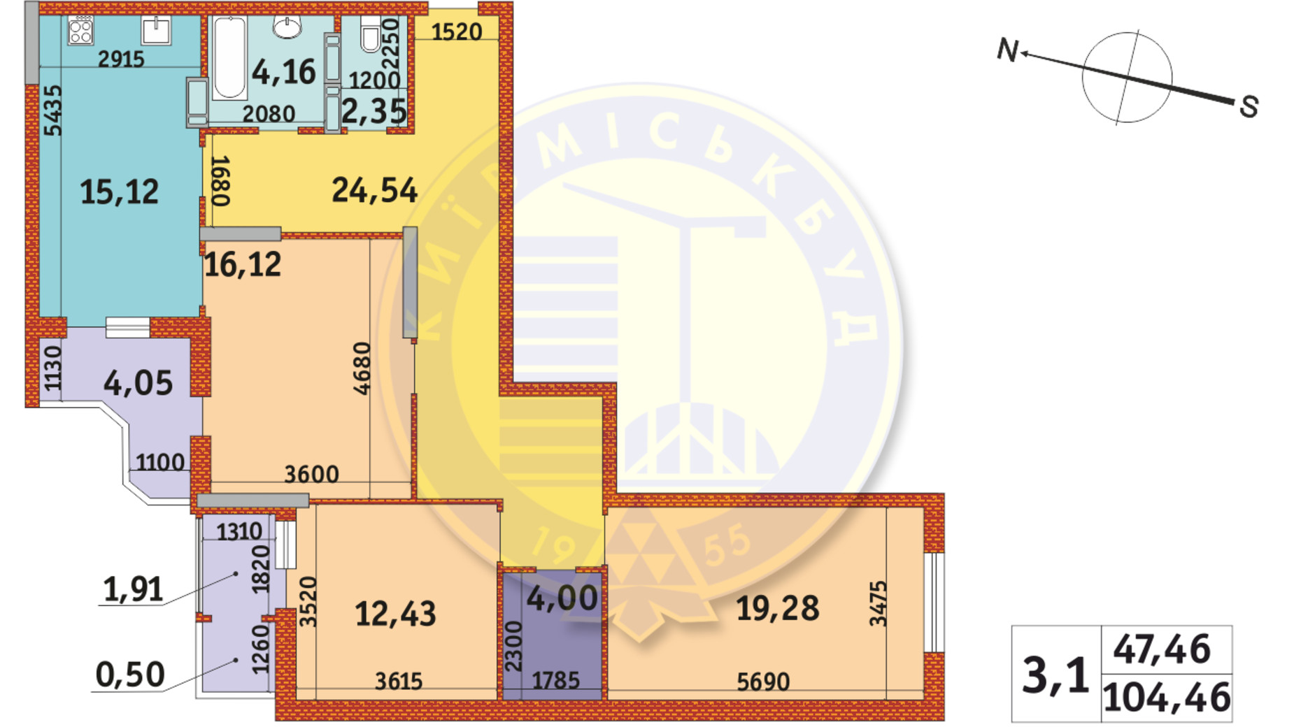 Планировка 3-комнатной квартиры в ЖК Злагода 104.46 м², фото 233660