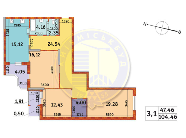 ЖК Злагода: планировка 3-комнатной квартиры 104.46 м²