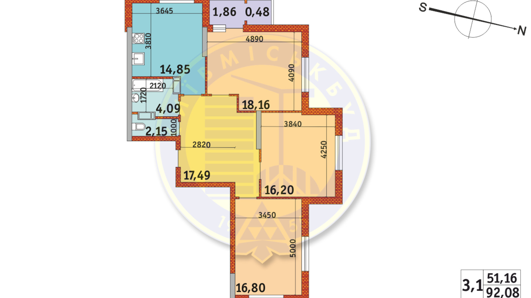 Планування 3-кімнатної квартири в ЖК Злагода 92.08 м², фото 233662