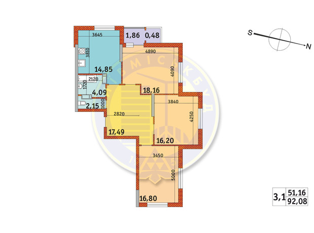 ЖК Злагода: планировка 3-комнатной квартиры 92.08 м²