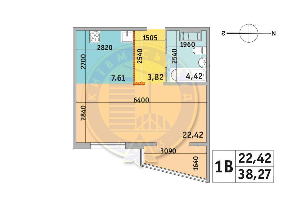 Планировка 1-комнатной квартиры в ЖК Милос 38.27 м², фото 233670 Планировка 1-комнатной квартиры в ЖК Милос 38.27 м², фото 233670