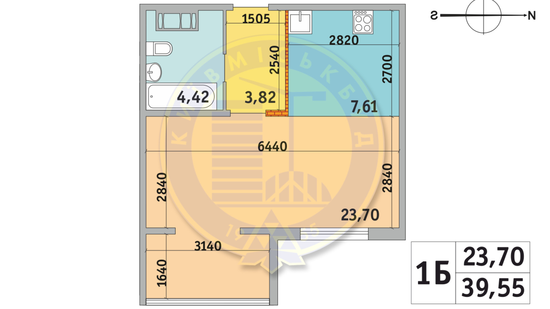 Планування 1-кімнатної квартири в ЖК Мілос 39.55 м², фото 233674