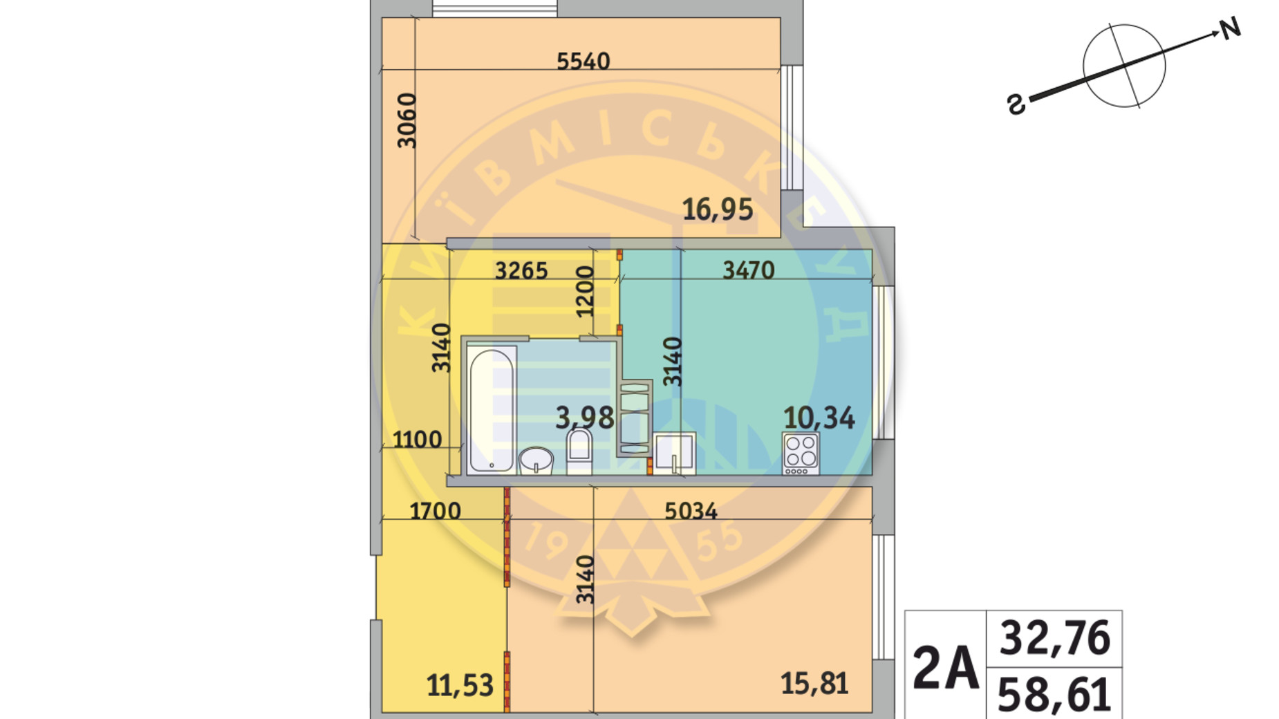 Планировка 2-комнатной квартиры в ЖК Милос 58.61 м², фото 233684