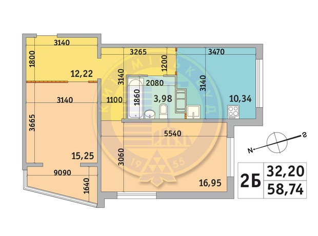 ЖК Мілос: планування 2-кімнатної квартири 58.61 м²