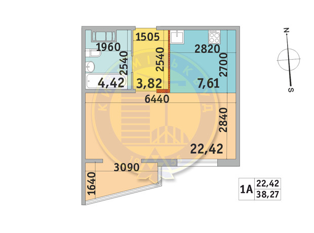 ЖК Мілос: планування 1-кімнатної квартири 38.27 м²