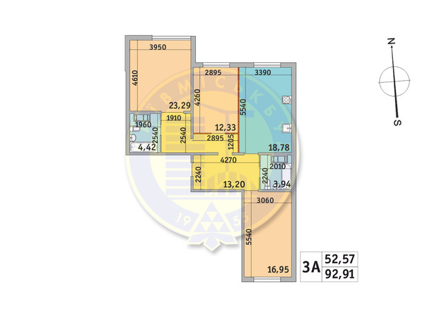 ЖК Милос: планировка 3-комнатной квартиры 92.91 м²