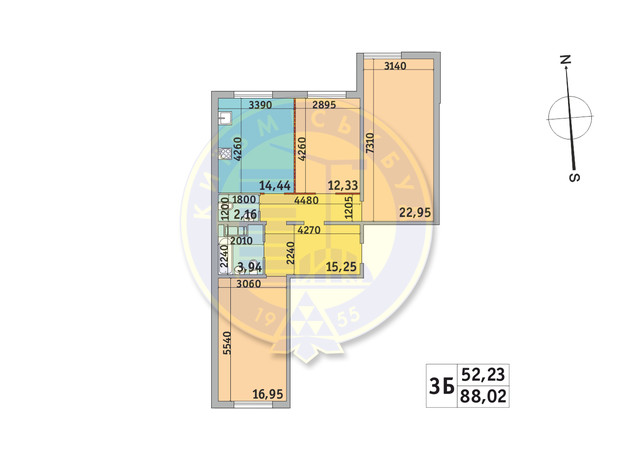 ЖК Милос: планировка 3-комнатной квартиры 88.02 м²