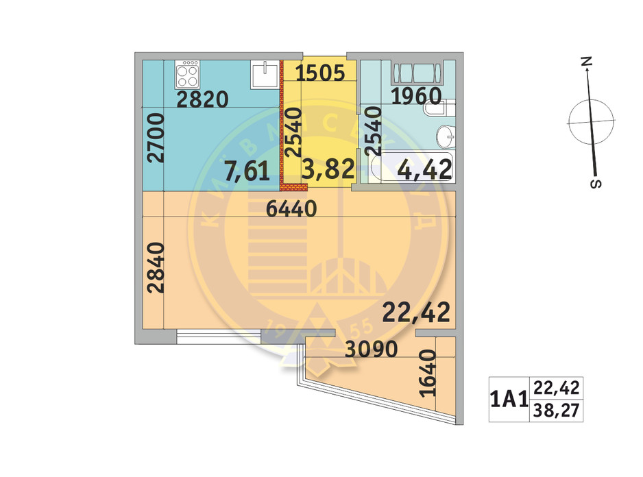 Планування 1-кімнатної квартири в ЖК Мілос 38.27 м², фото 233697 Планування 1-кімнатної квартири в ЖК Мілос 38.27 м², фото 233697