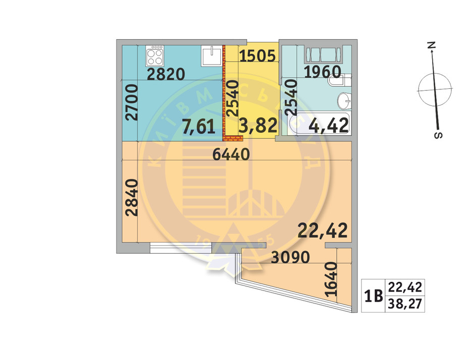 Планировка 1-комнатной квартиры в ЖК Милос 38.27 м², фото 233705 Планировка 1-комнатной квартиры в ЖК Милос 38.27 м², фото 233705