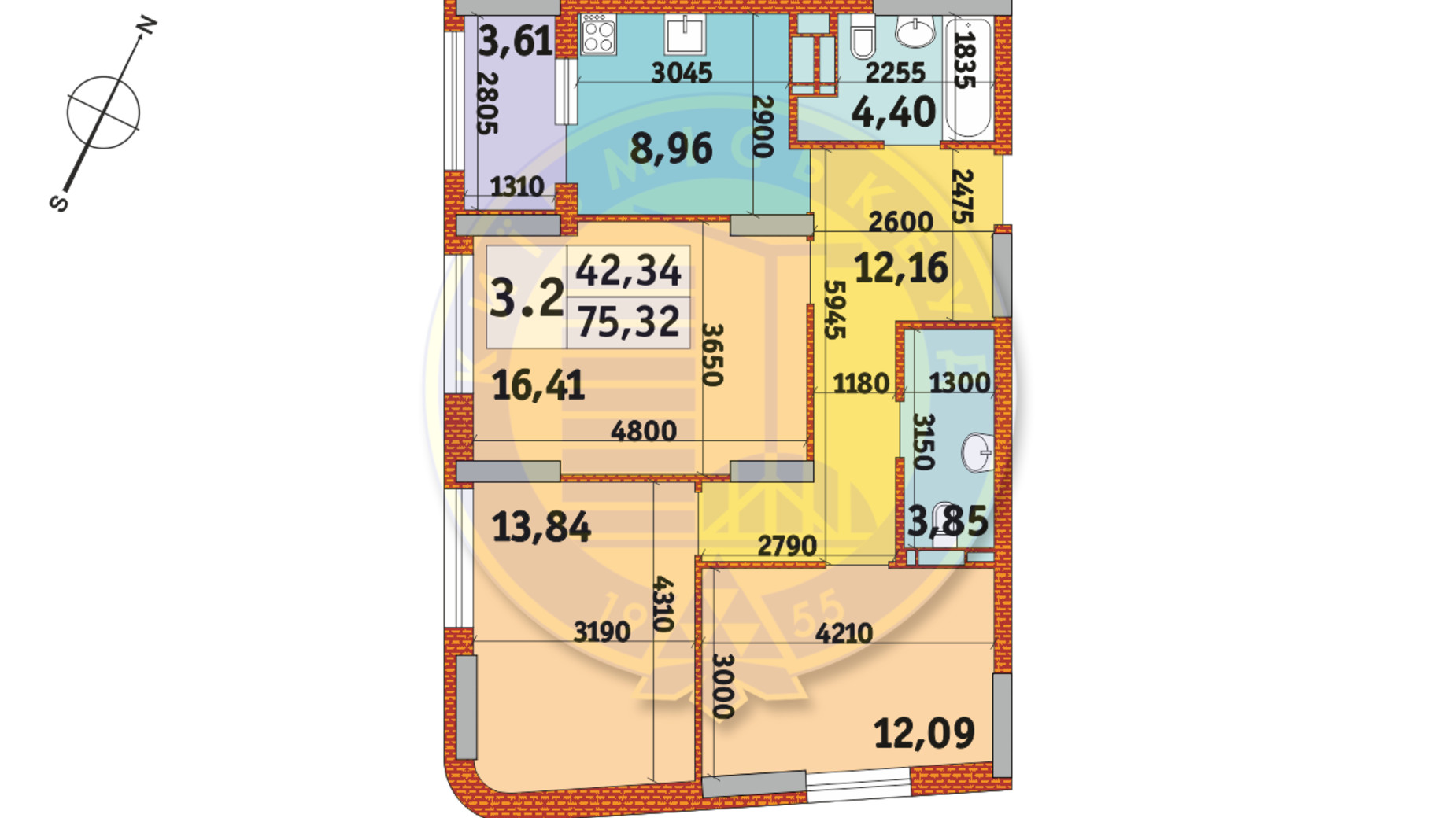 Планування 3-кімнатної квартири в ЖК Urban Park 75.32 м², фото 233716