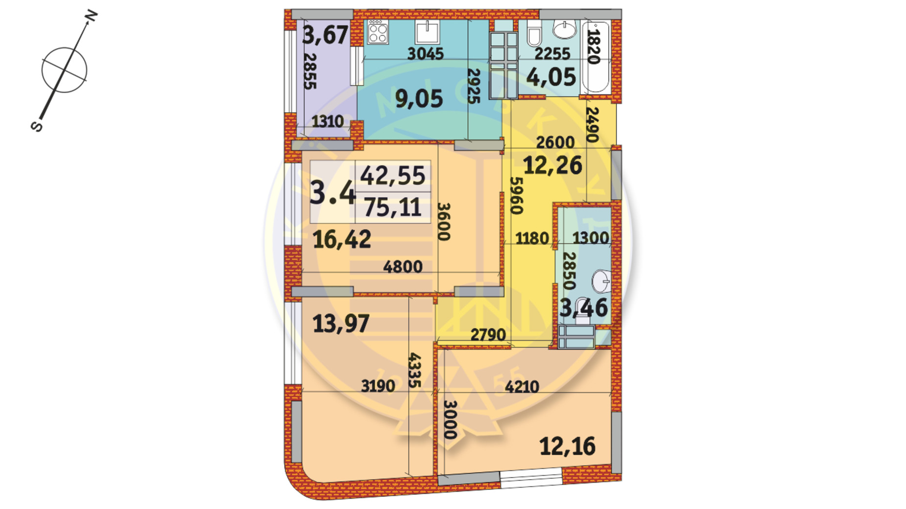 Планировка 3-комнатной квартиры в ЖК Urban Park 75.11 м², фото 233724